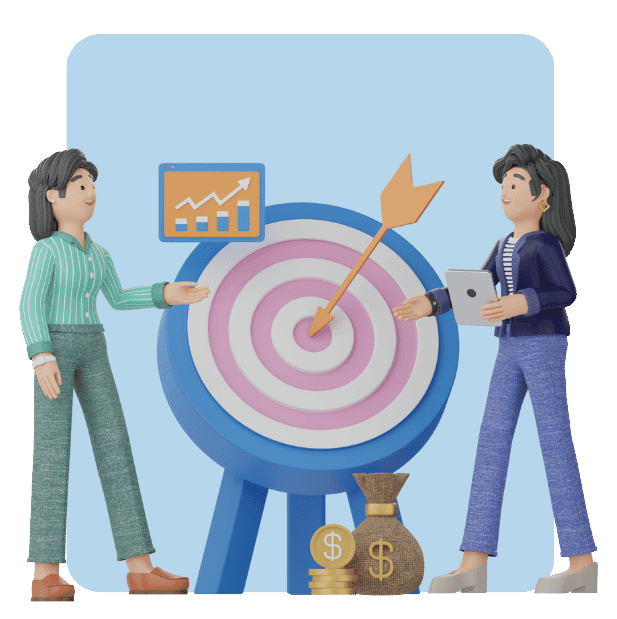 graphic image of two people discussing over a board with stats and bag of coins